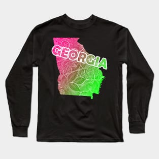 Colorful mandala art map of Georgia with text in pink and green Long Sleeve T-Shirt